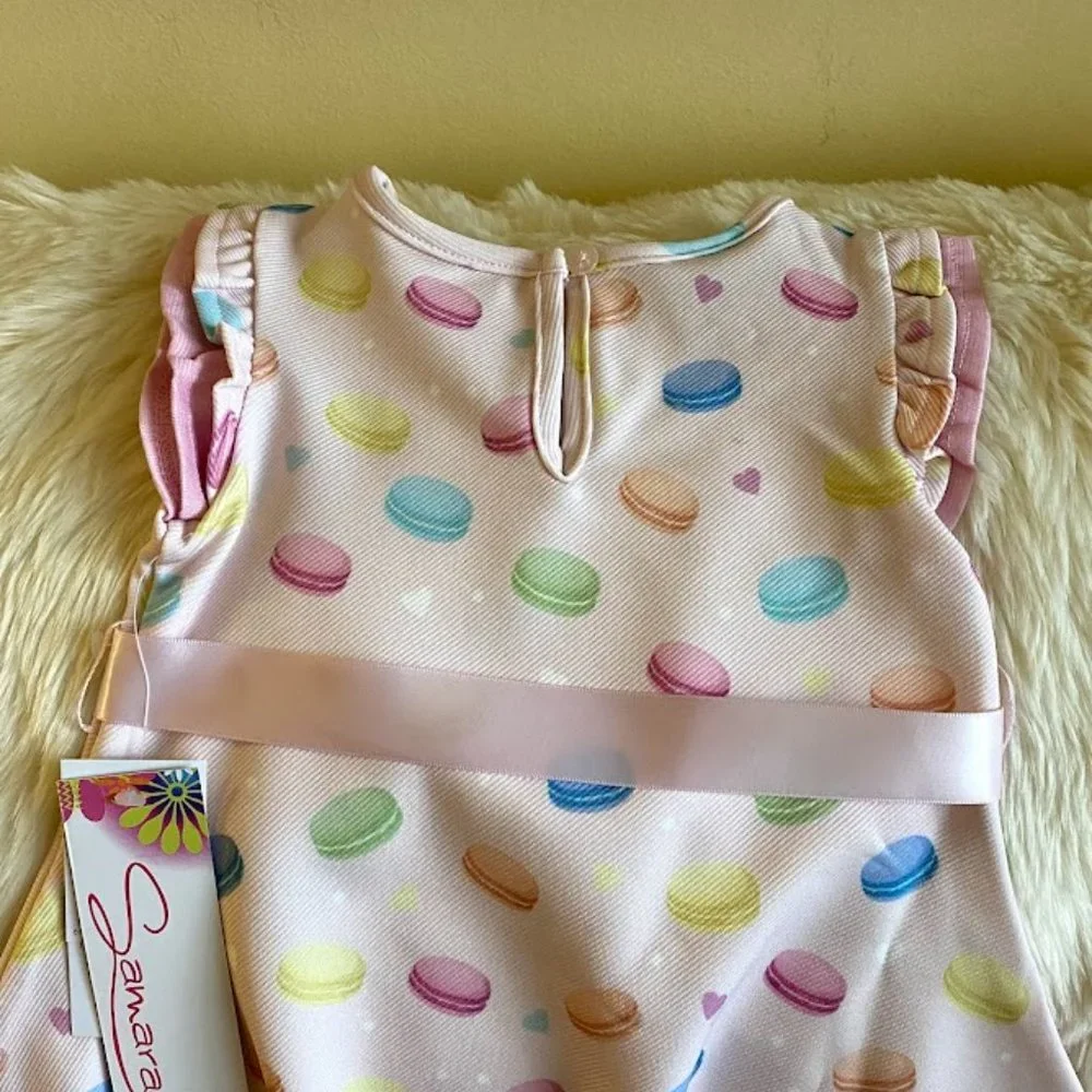 Samara Macaron Print Dress w/ Satin Ribbon, 6-9 Months